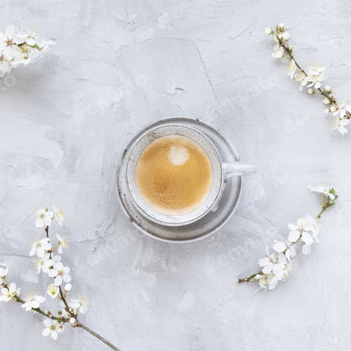 Preview: Cup of black espresso coffee and white spring cherry blossom flowers on gray background, copy space