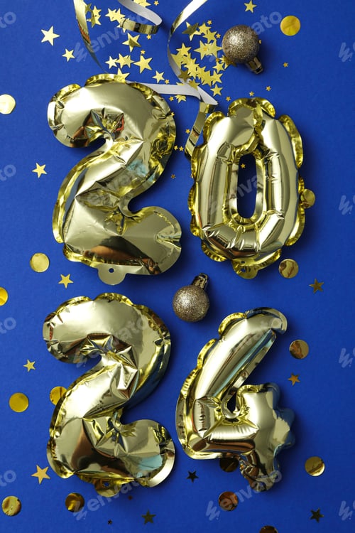 Preview: New Year 2024 with golden balloons on a light background