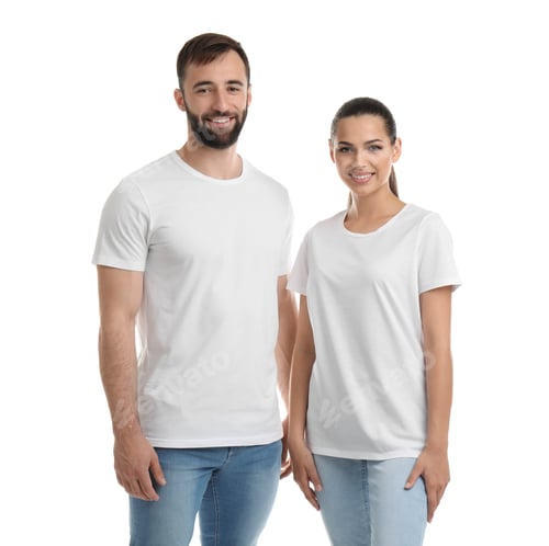 Preview: Young couple in t-shirts on white background. Mockup for design