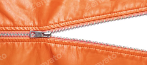 Preview: Orange Leather Texture And Open Metal Zipper Isolated On White Background