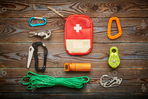 Preview: Travel items for hiking over wooden background
