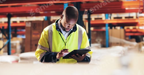 Preview: Logistics, black man and tablet in warehouse for checklist, inventory check and stock management. S