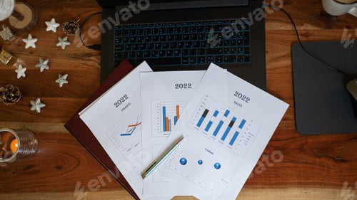 Preview: Top view of documents and report papers with graphs and charts