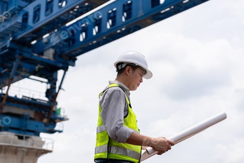Preview: Surveyors and engineers using a theodolite and plans to measure during road construction.