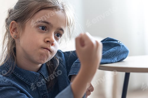 Preview: Angry little girl shows her fist, showing strength.