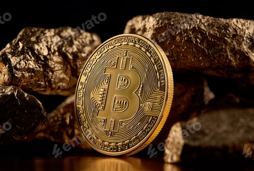 Preview: Golden bitcoin and gold lumps representing futuristic world trends both isolated on black background