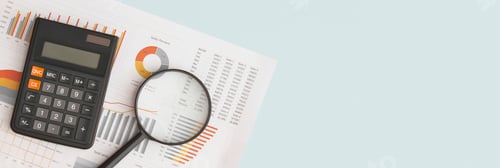 Preview: Business graphs, charts, magnifying glass and calculator on table. Financial development