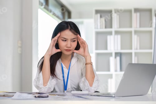 Preview: Puzzled confused asian woman thinking hard concerned about online problem solution looking at laptop