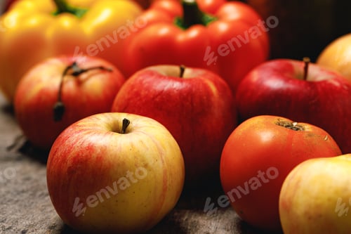 Preview: Pile of apples and bell peppers on wooden table