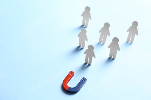Preview: Magnet attracting paper people on light blue background, space for text. Business rivalry concept