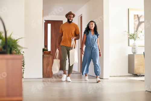 Preview: Smiling Couple Arriving Home from Shopping Trip