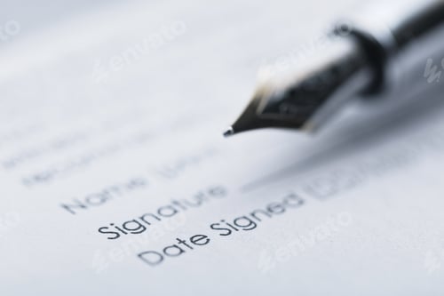Preview: Signing the business contract. Fountain pen and document.