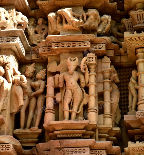 Preview: Stone carving sculptures on Khajuraho Temple, a UNESCO world Heritage site, India.