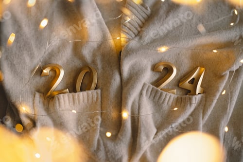 Preview: Holiday background Happy New Year 2024. Numbers of year 2024 with sweater