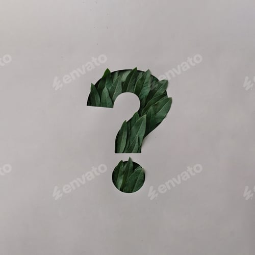 Preview: Question mark cut out of grey paper with green leaves
