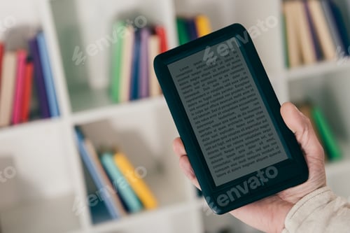 Preview: cropped view of man holding e-reader inear bookshelf