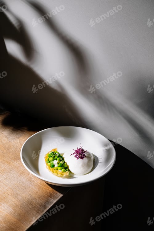 Preview: Gourmet dish with foam and vegetables creating contrasting flavors and textures