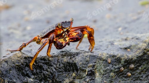 Preview: Isolated Grapsus Albolineatus crab on a wet lava rock on the sea shore close-up photo.