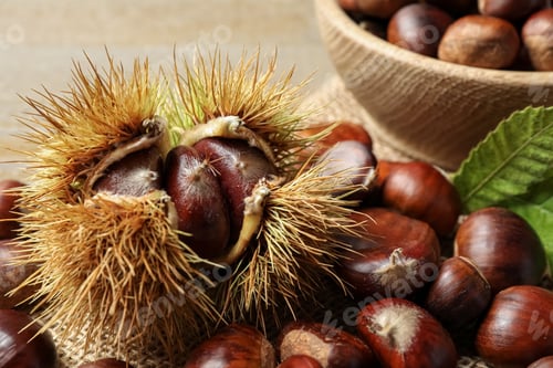 Preview: Fresh sweet edible chestnuts on table, closeup