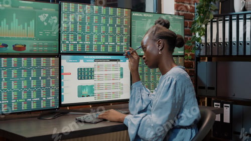 Preview: Female trader brainstorming ideas to develop forex stock market