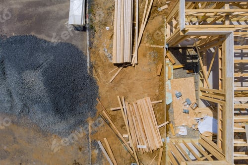 Preview: Aerial view the construction wood framing beams of a new house under construction