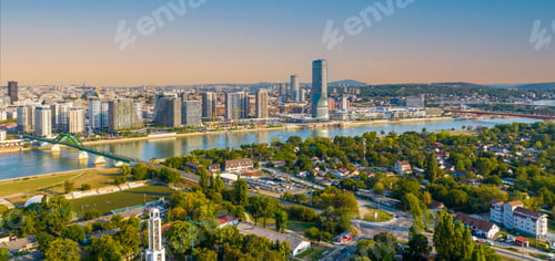 Preview: Panoramic night view of Belgrade Waterfront, Sava River, Belgrade Tower With Full Moon