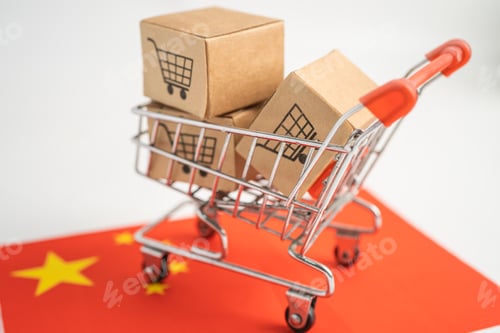 Preview: Box with shopping cart logo and China flag, Import Export Shopping online or eCommerce finance