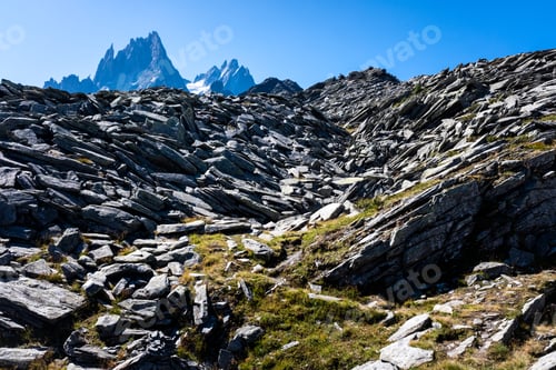 Preview: Large quarry on the slopes of Mount Montblanc, with eroded rocks.