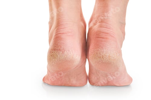 Preview: Female dry and cracked soles of feet isolated on white background with clipping path. Closeup