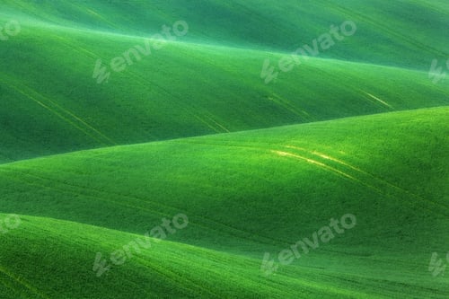 Preview: Minimalistic landscape with green fields, rolling hills at sunri