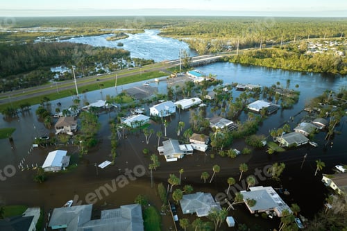 Preview: Hurricane Ian flooded houses in Florida residential area. Natural disaster and its consequences