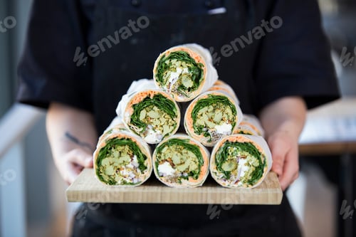 Preview: Chef presenting a tray of fresh veggie wraps