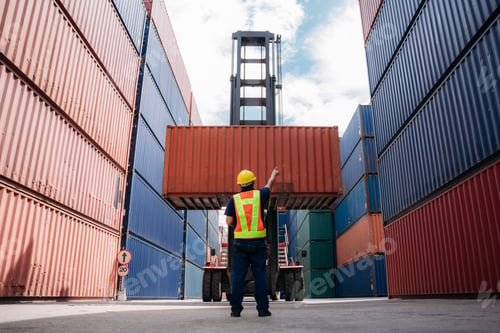 Preview: Foreman checking inventory or task details at Container cargo harbor.