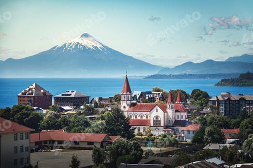 Preview: Aerial view of Puerto Varas with Sacred Heart Church and Osorno Volcano - Puerto Varas, Chile