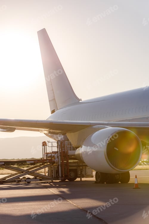 Preview: Airplane preparing for takeoff at sunset with ground crew conducting maintenance activities