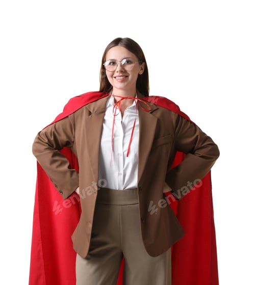 Preview: Businesswoman wearing superhero cape on white background