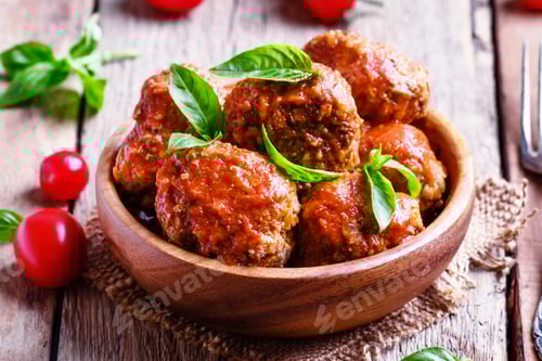 Preview: Delicious Meatballs with Fresh Basil in Wooden Bowl
