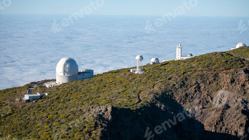 Preview: Panoramic shot of the Gran Telescope Canarias Gallegos in Spain on a sloppy hill