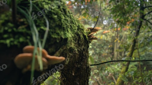 Preview: moss on the branches and limbs of tree trunks with mushrooms