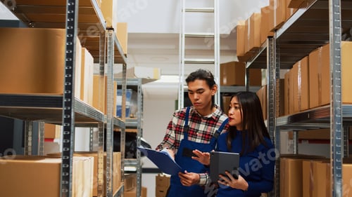 Preview: Asian employees checking warehouse supplies on tablet