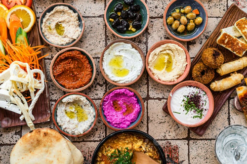 Preview: Turkish breakfast table with pastries, vegetables, greens, spreads, cheeses,