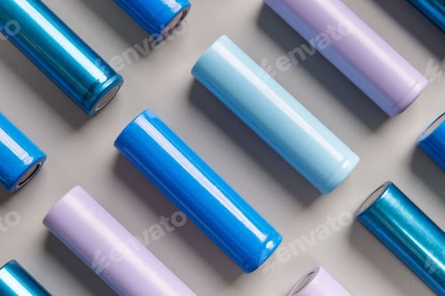 Preview: colorful used Nickel Metal Hydride (Ni-MH) battery, grey background, flat lay