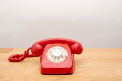Preview: Vintage Red Rotary telephone on a Wooden Table and grey Background