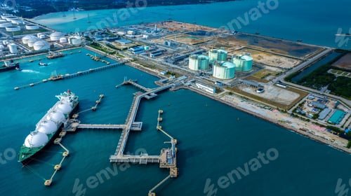Preview: LNG (Liquified Natural Gas) tanker anchored in Gas terminal gas tanks for storage. Oil Crude Gas