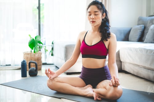 Preview: young Asian woman exercise by yoga at home gym, healthy female lifestyle training at home