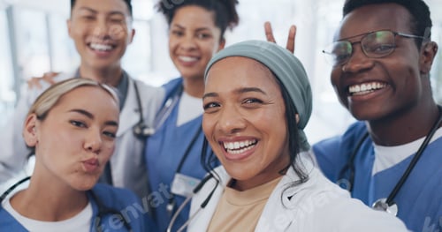 Preview: Doctors, friends and selfie in hospital for team building, solidarity or diversity for social media
