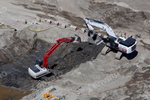 Preview: Aerial view of Excavators on a construction site during a sunny summer day