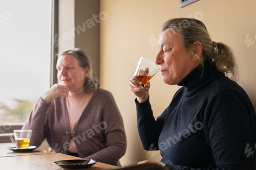 Preview: Two senior women friends in a cafe having tea