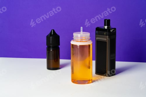 Preview: Electronic cigarettes liquid bottles on purple background
