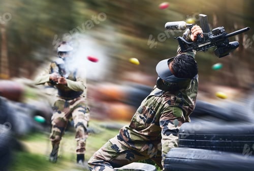 Preview: Paintball, sport and action with gun for shooting, speed and military battlefield with soldier, war